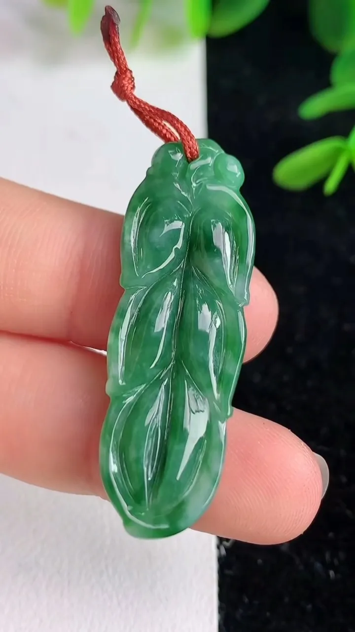 天然A货翡翠金枝玉叶叶子吊坠，尺寸40.2-13.2-5.3，重量:4.99g
6月9日