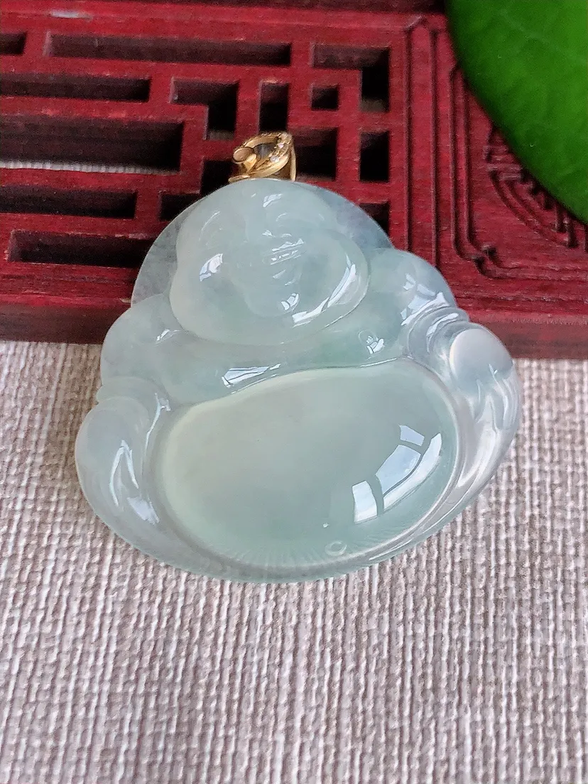 天然A货翡翠18K金扣头晴水佛公吊坠尺寸32×34.5×6.5m量10.88g 0608