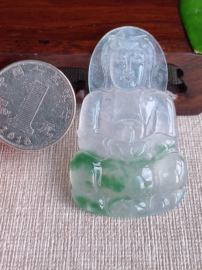 天然A货翡翠玻璃种冰飘花一刀切正装观音镶嵌件尺寸51.4×31×4.5m量13.70g 0611