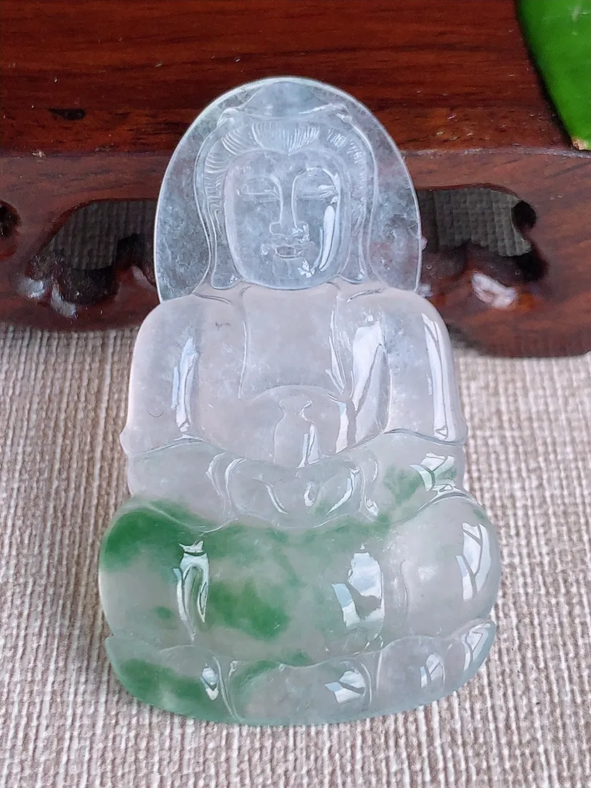 天然A货翡翠玻璃种冰飘花一刀切正装观音镶嵌件尺寸51.4×31×4.5m量13.70g 0611