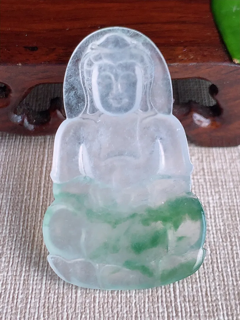 天然A货翡翠玻璃种冰飘花一刀切正装观音镶嵌件尺寸51.4×31×4.5m量13.70g 0611