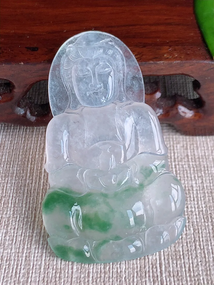 天然A货翡翠玻璃种冰飘花一刀切正装观音镶嵌件尺寸51.4×31×4.5m量13.70g 0611
