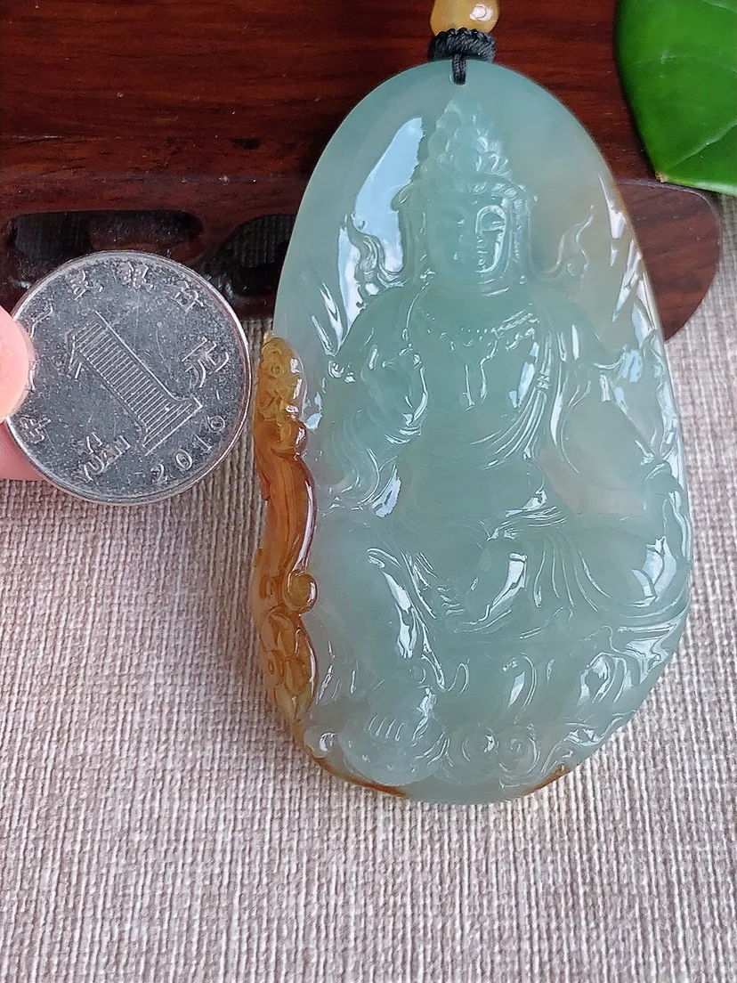 天然A货翡翠飘黄翡御龙观音吊坠尺寸73.5×40.6×8m量53.55g 0611