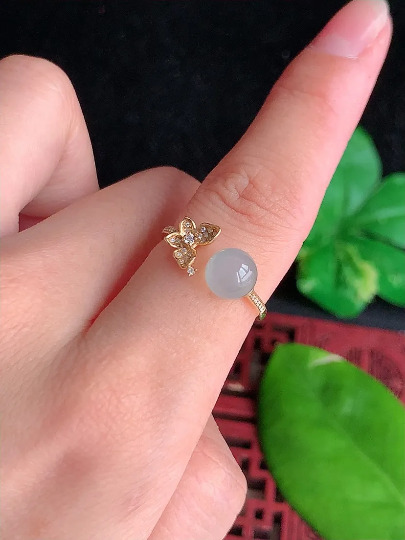 天然A货翡翠18K金伴钻镶嵌圆珠转运珠戒指 圈口17.7裸石尺寸6.8mm 重量2.17g 0612