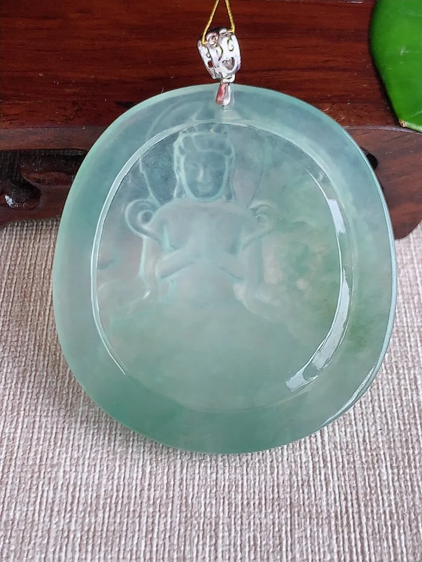 天然A货翡翠18K金扣头晴水御龙观音吊坠尺寸54×49.2×4.5m量29.42g 0612