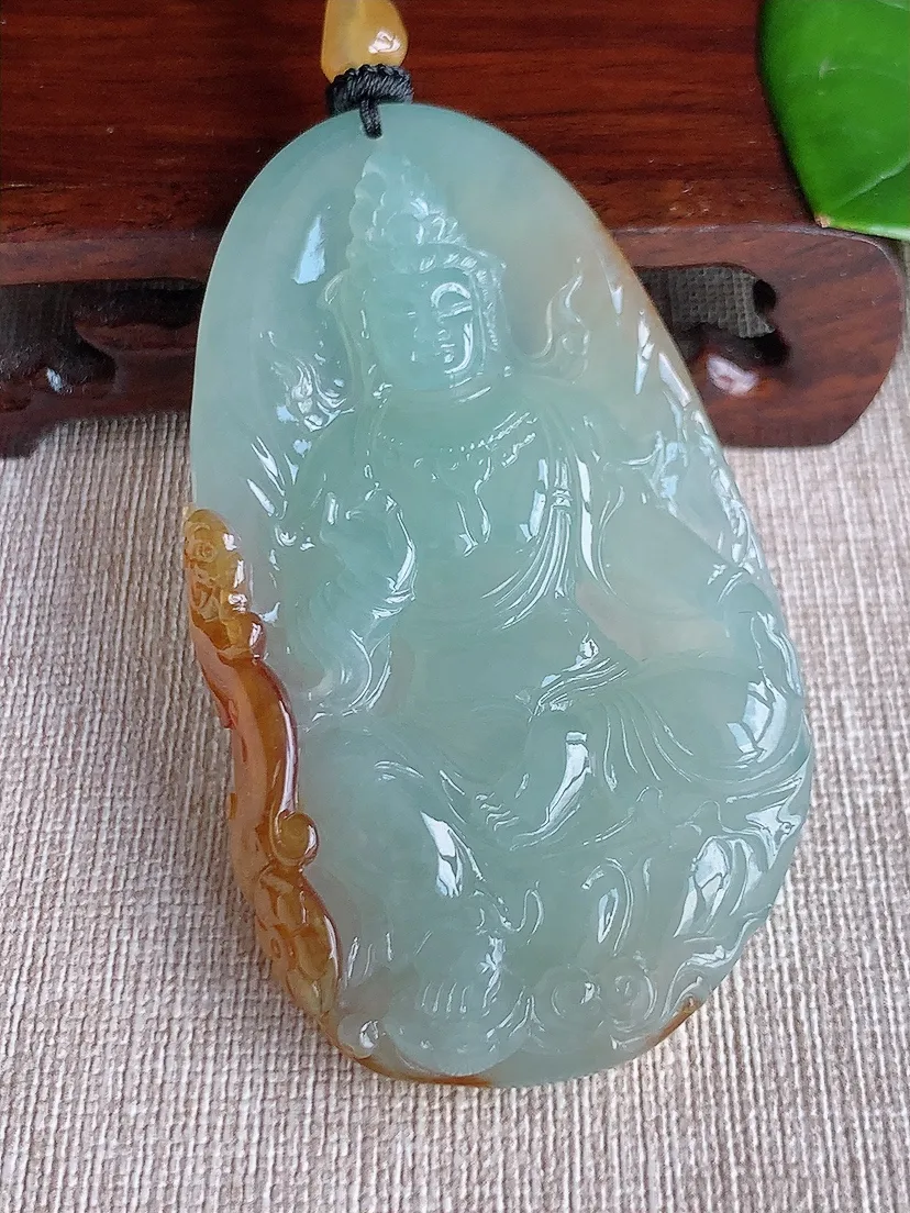 天然A货翡翠飘黄翡御龙观音吊坠尺寸73.5×40.6×8m量53.55g 0611