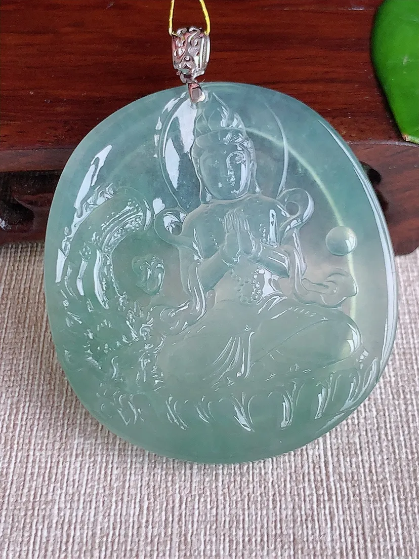天然A货翡翠18K金扣头晴水御龙观音吊坠尺寸54×49.2×4.5m量29.42g 0612