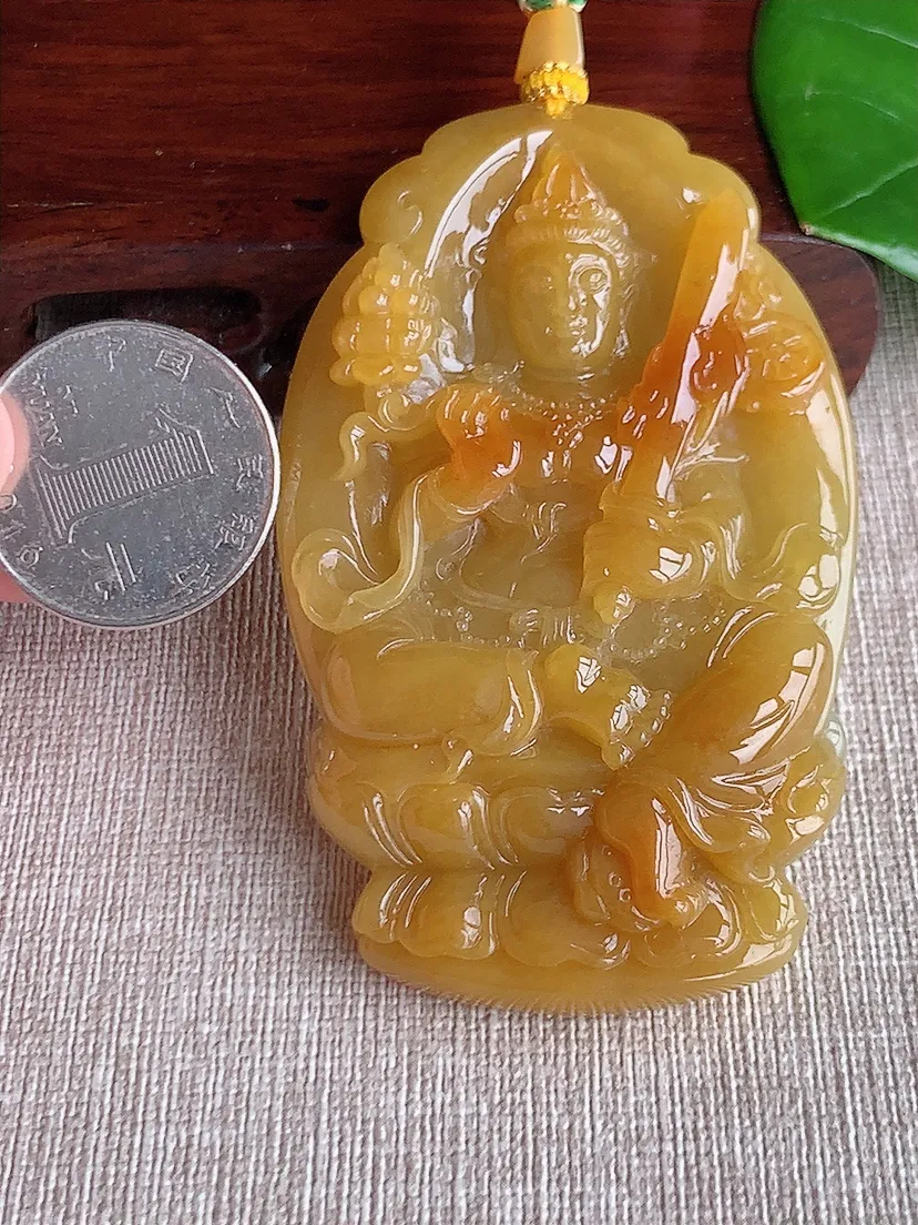 天然A货翡翠黄翡虚空藏菩萨吊坠尺寸76×46.5×11.6m量86.20g 0612