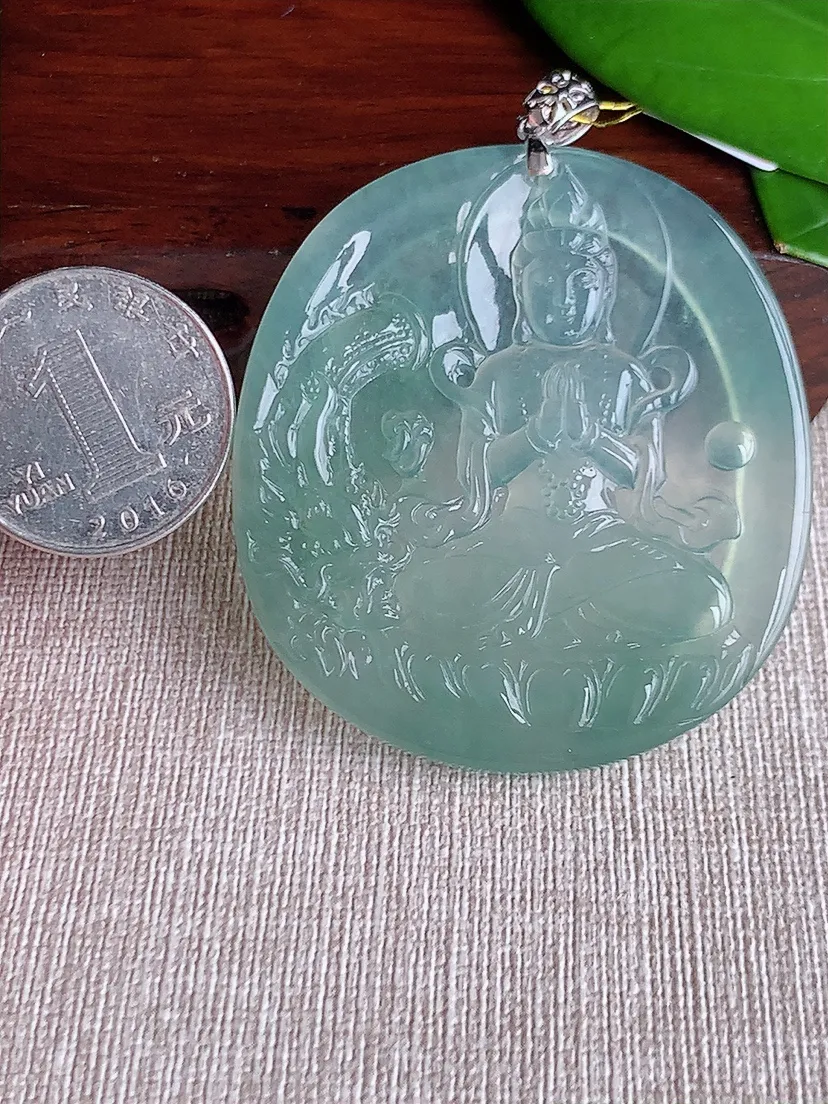 天然A货翡翠18K金扣头晴水御龙观音吊坠尺寸54×49.2×4.5m量29.42g 0612