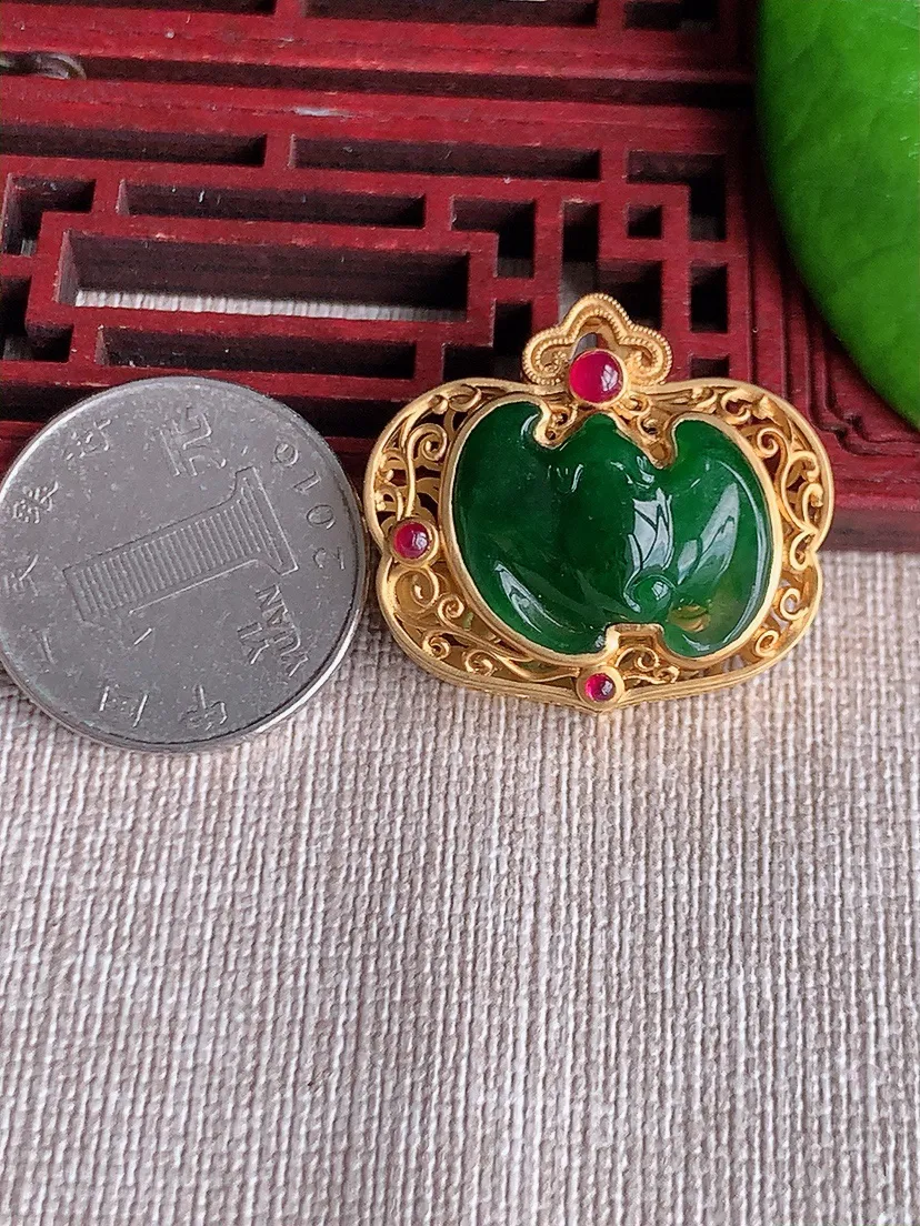 天然A货翡翠18K满绿福在眼前吊坠尺寸26.3×29.2×9.3裸石14.2×20m量11.75g 0613