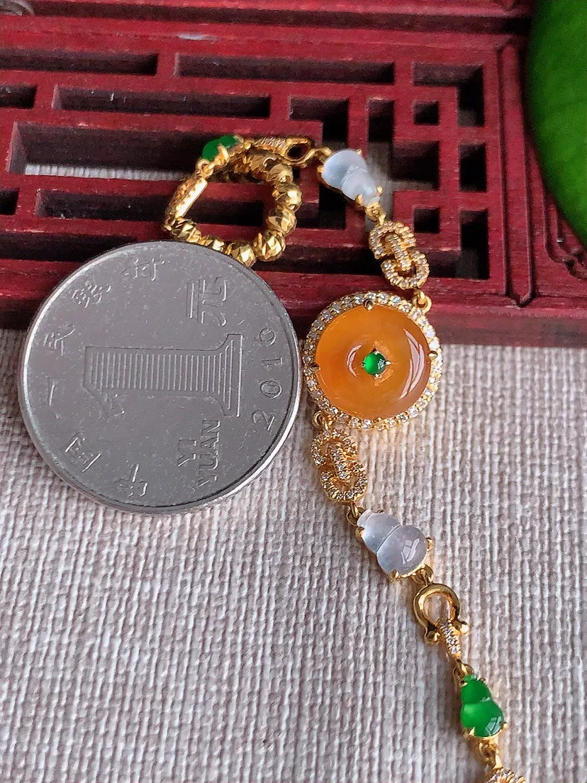 天然A货翡翠冰种18K钻镶嵌黄翡平安扣手链尺寸9.8×5mm 重量5.83g 0615