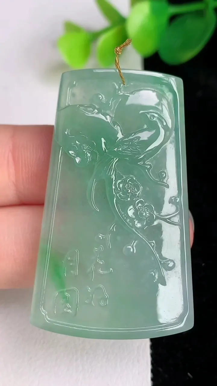 天然A货翡翠鸟语花香 山水牌吊坠，尺寸46-28.8-4.2，重量:13.30g
6月17日