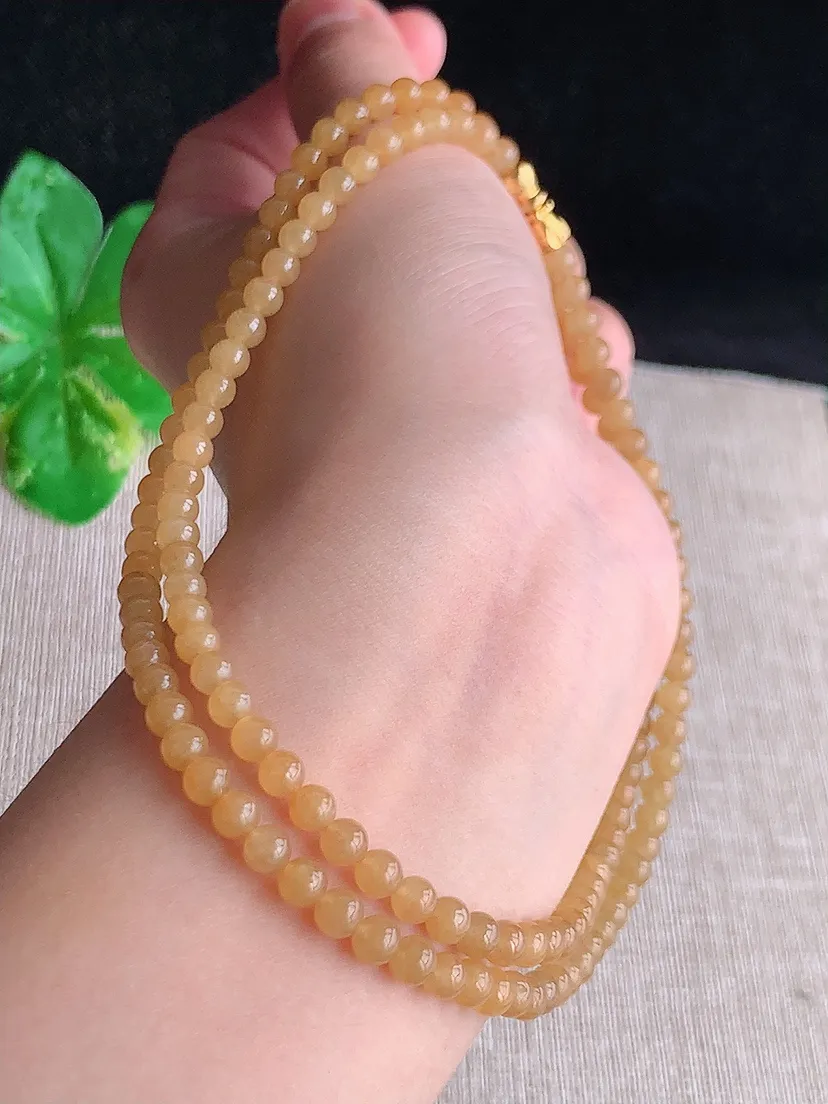 天然A货翡翠冰种黄翡圆珠项链毛衣链139颗 度高尺寸4mm 重量20.88g 0617