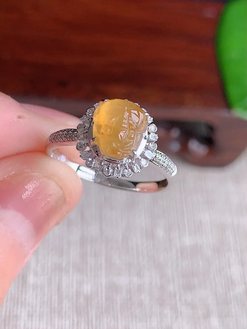 天然A货翡翠18K金伴钻镶嵌黄翡招财貔貅戒指 圈口17.3裸石尺寸7.3×6.5mm 重量2.23g