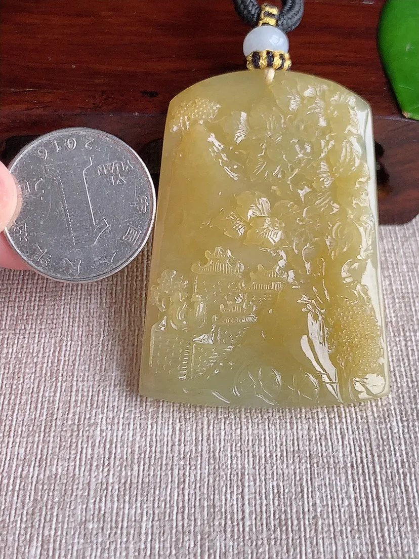 天然A货翡翠黄翡意境山水牌吊坠尺寸54.8×38.4×6.3m量34.47g 0617