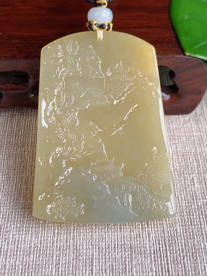 天然A货翡翠黄翡意境山水牌吊坠尺寸54.8×38.4×6.3m量34.47g 0617