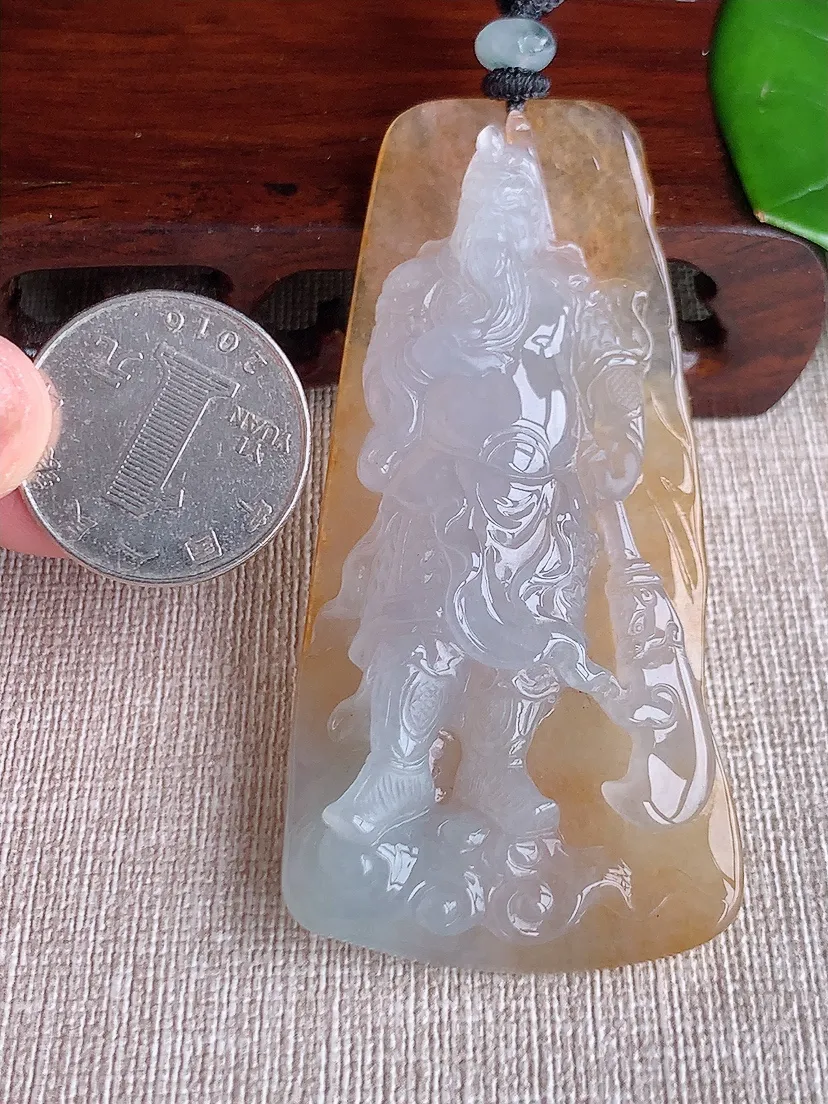 天然A货翡翠黄翡关公吊坠尺寸75×36×12.8m量51.33g 0619