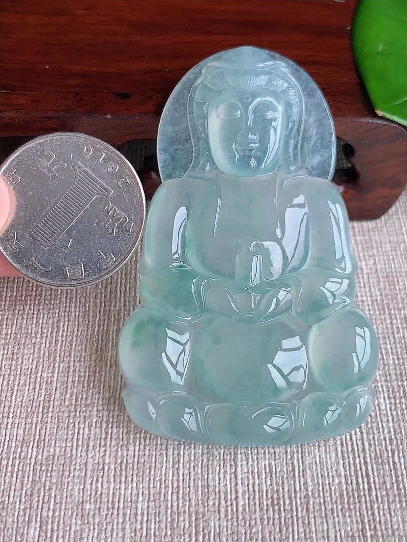 天然A货翡翠飘花大正装观音吊坠尺寸64.8×40.2×6.4m量29.73g 0619
