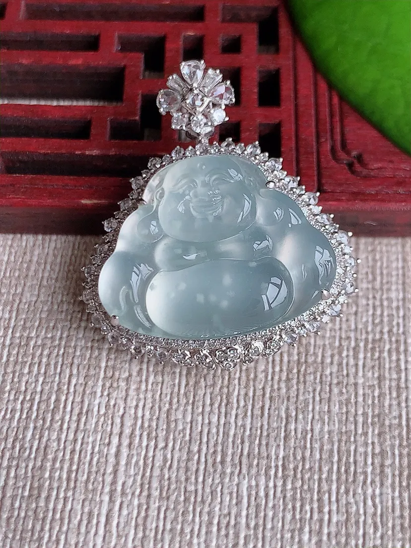 天然A货翡翠18K金伴白月光佛公吊坠尺寸31×28×11.4裸石17.2×23m量8.16g 0619