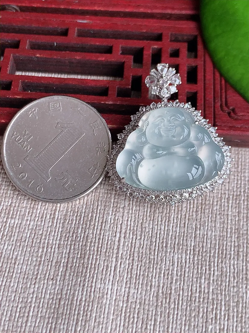 天然A货翡翠18K金伴白月光佛公吊坠尺寸31×28×11.4裸石17.2×23m量8.16g 0619
