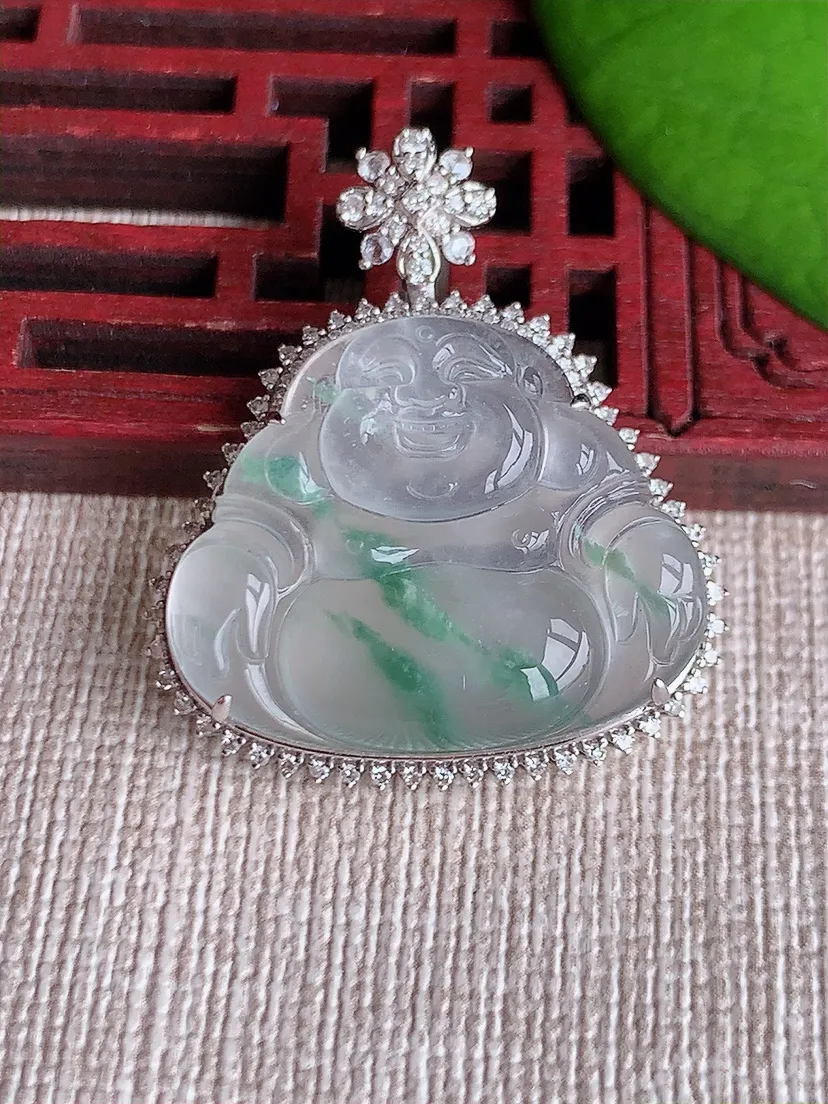 天然A货翡翠18K金伴飘花佛公吊坠尺寸33×28×8.5裸石20.7×25m量6.53g 0619