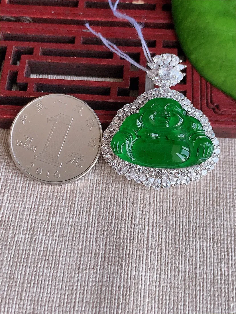 天然A货翡翠925满绿佛公吊坠尺寸35.4×30.3×9.8裸石17.8×25.6m量8.48g 0620