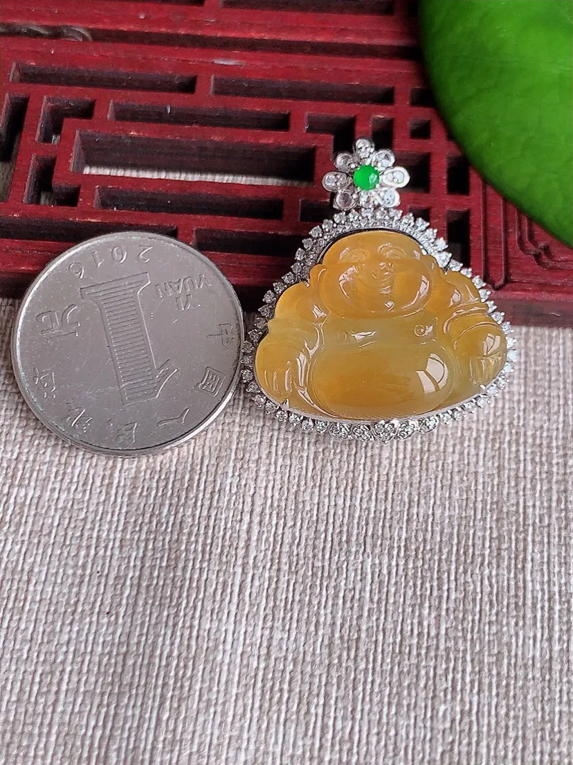 天然A货翡翠18K金伴黄翡佛公吊坠尺寸32×28.6×12.6裸石19×25.4m量10.24g 0619