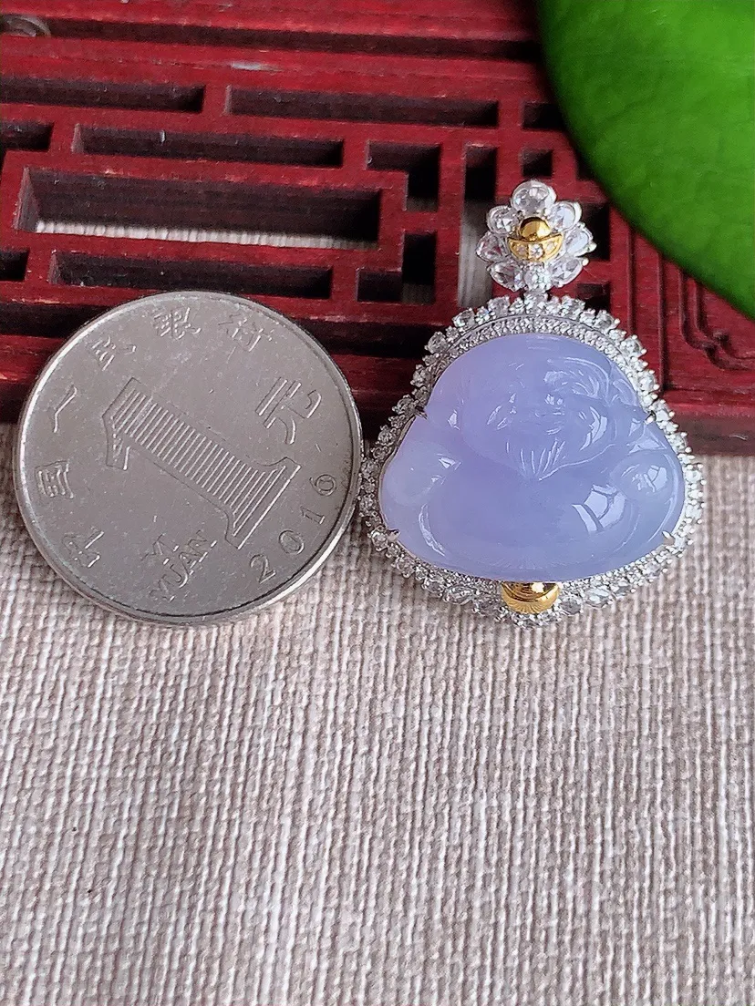 天然A货翡翠18K金伴紫罗兰财神爷吊坠尺寸31×24×14裸石16.6×20.4m量9.10g 0619