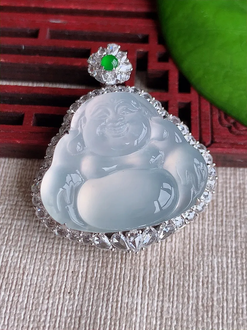 天然A货翡翠18K金伴白月光佛公吊坠尺寸38×32.5×11.7裸石23.6×28.7m量14.56g 0619