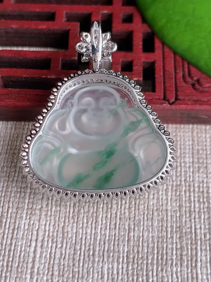 天然A货翡翠18K金伴飘花佛公吊坠尺寸33×28×8.5裸石20.7×25m量6.53g 0619