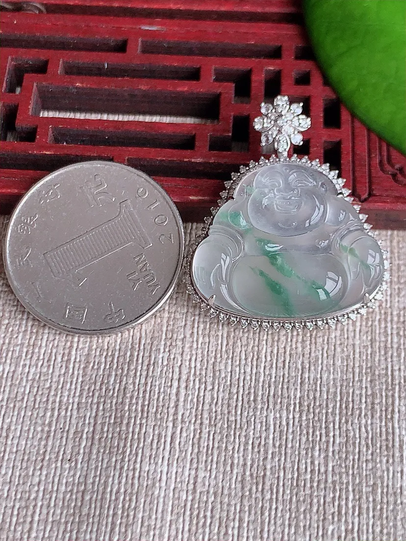 天然A货翡翠18K金伴飘花佛公吊坠尺寸33×28×8.5裸石20.7×25m量6.53g 0619