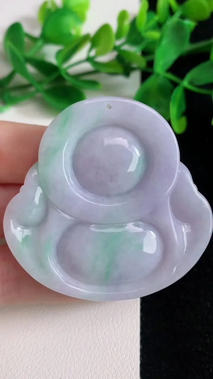 天然A货翡翠春带彩紫罗兰佛公吊坠，尺寸48.7-50.2-11.6，重量:42.95g
6月21日
