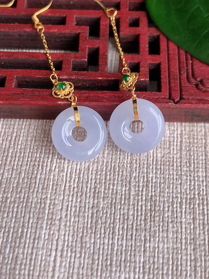 天然A货翡翠18K金镶嵌紫罗兰平安环耳坠 尺寸11×3.5mm 重量2.20g 0621