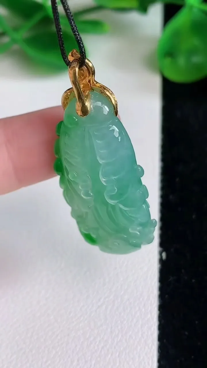 天然A货翡翠白菜吊坠，尺寸33.7-17.2-11.8，重量:10.12g
6月22日