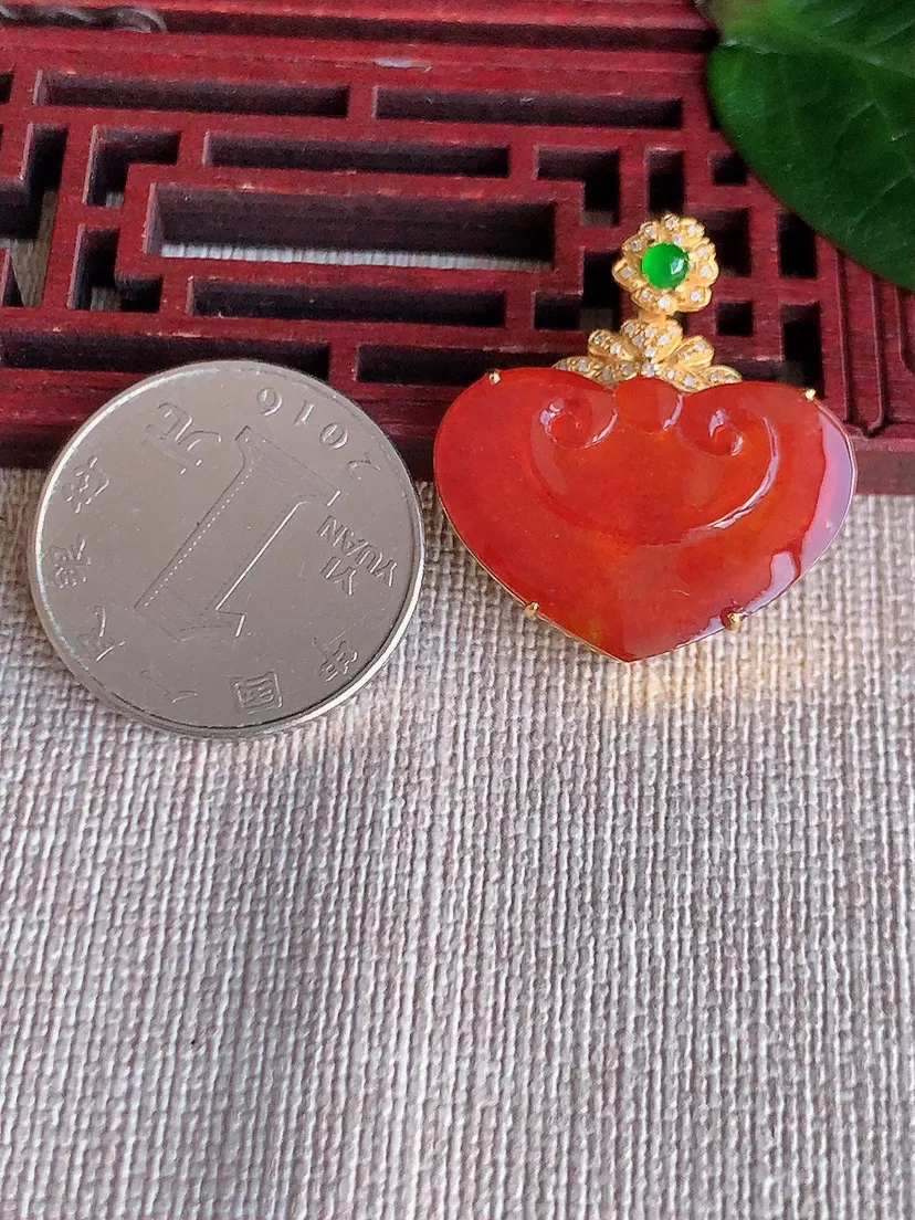 天然A货翡翠18K金伴红翡如意吊坠尺寸28×17.8×26.2×5m量4.38g 0622