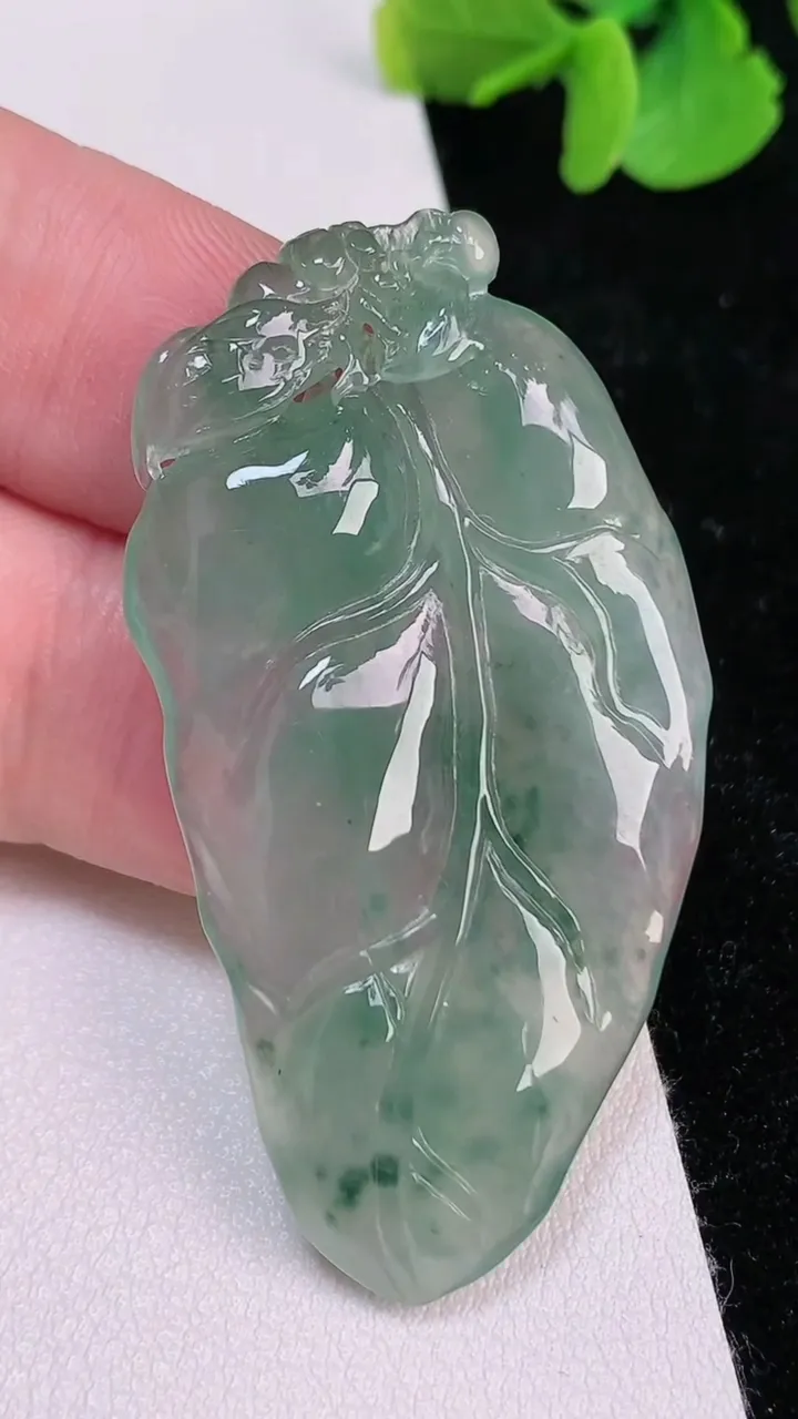 天然A货翡翠冰种飘花金枝玉叶 叶子吊坠，尺寸49-26-4.3，重量:9.71g
6月25日