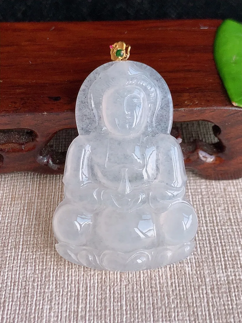 天然A货翡翠18K金扣头白月光正装观音吊坠尺寸47.8×33×5.7m量14.00g 0624
