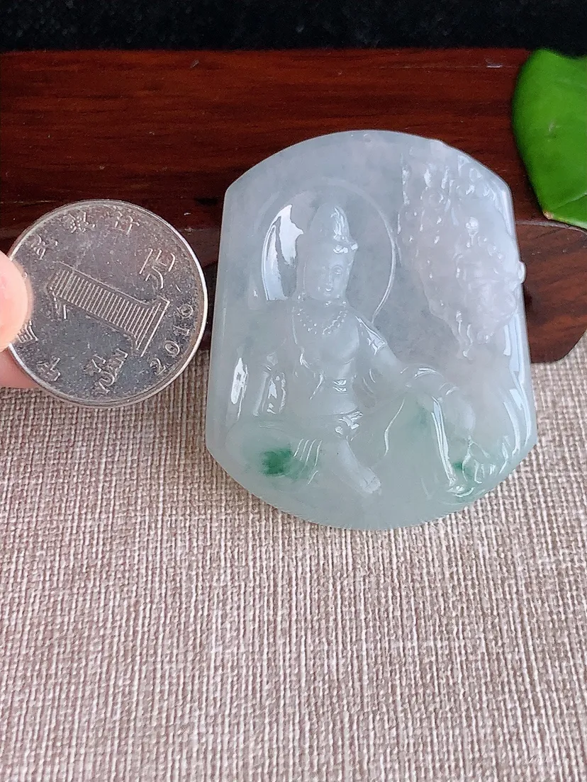 天然A货翡翠飘花文殊菩萨吊坠尺寸48.4×39.8×5.6m量23.03g 0624
