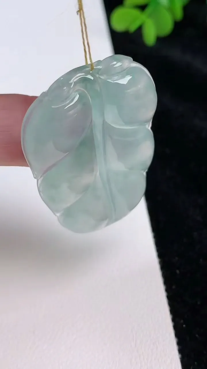 天然A货翡翠冰种飘花金枝玉叶 叶子吊坠，尺寸48.3-30.8-594，重量:15.31g
6月25日
