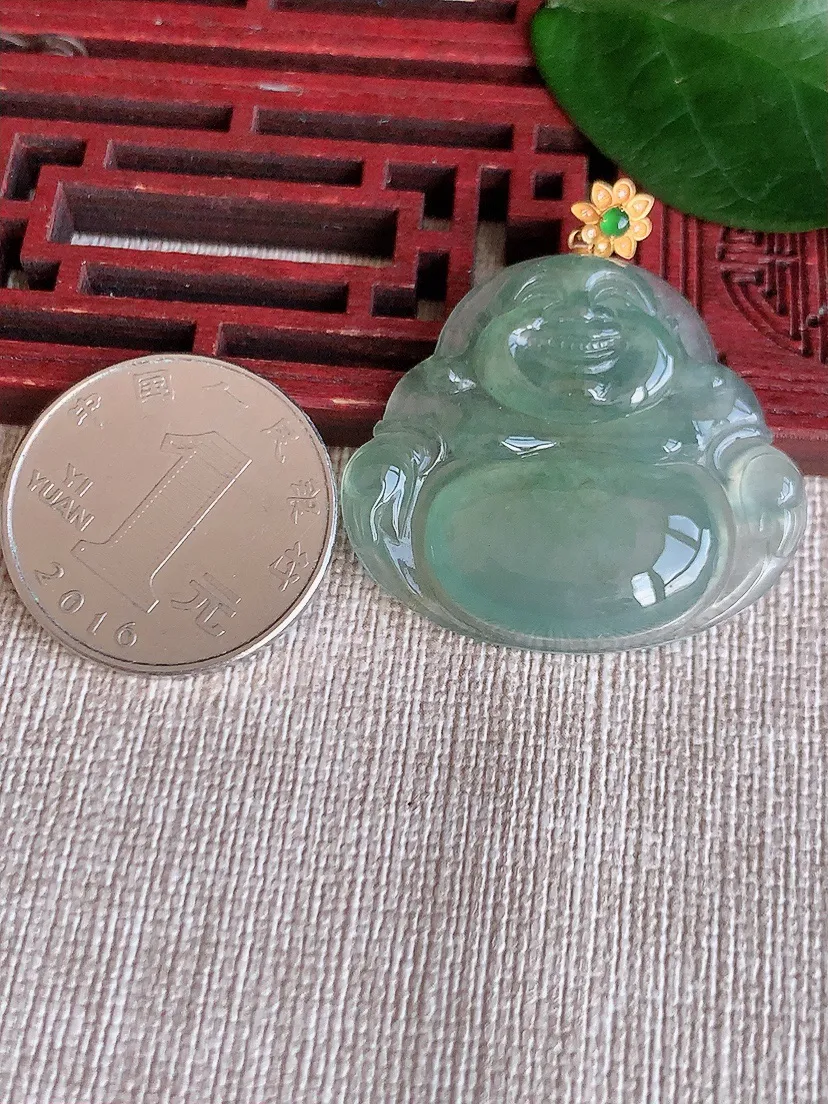 天然A货翡翠18K金扣头晴水佛公吊坠尺寸30.5×34.6×5.4m量9.20g 0624