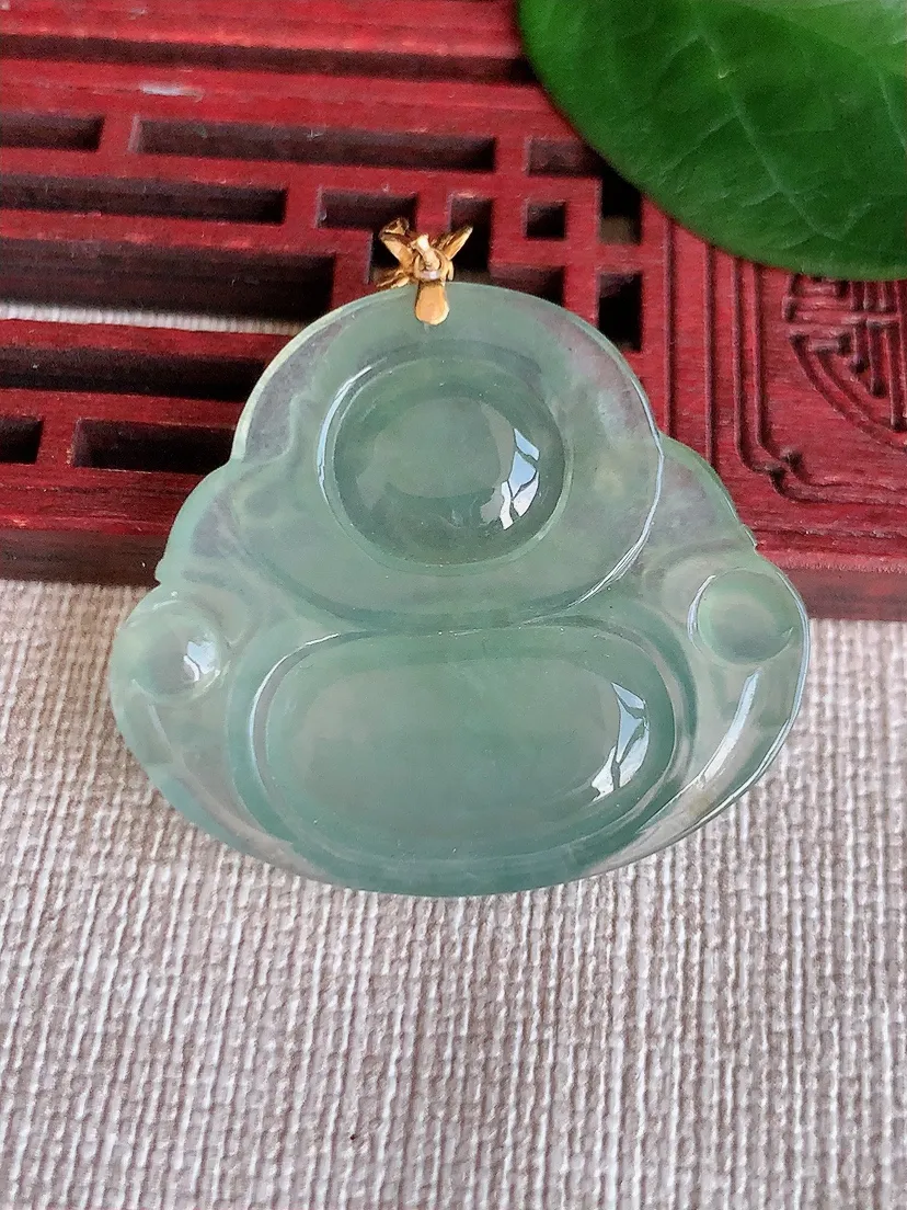天然A货翡翠18K金扣头晴水佛公吊坠尺寸30.5×34.6×5.4m量9.20g 0624