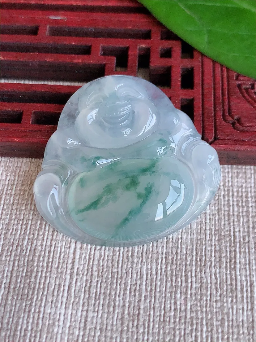 天然A货翡翠飘花佛公吊坠尺寸31.7×33.7×5.8m量9.90g 0625