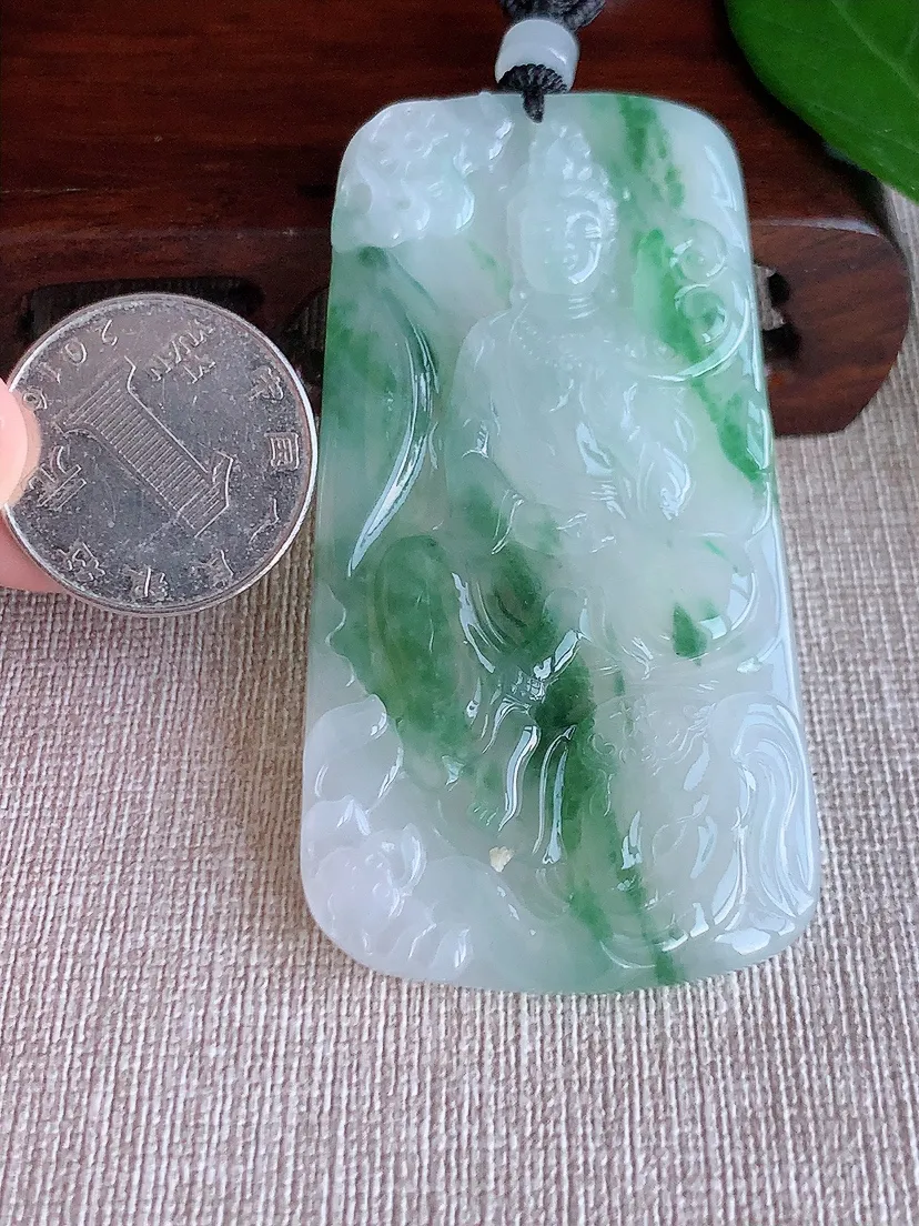 天然A货翡翠飘花普贤菩萨吊坠尺寸71.7×37.2×6m量42.73g 0625