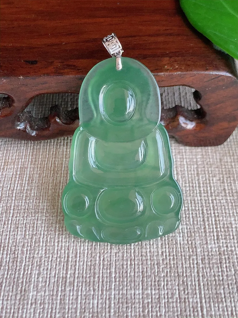 天然A货翡翠18K金扣头晴水正装观音吊坠尺寸41×26.5×4m量7.68g 0625