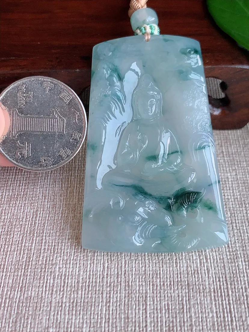 天然A货翡翠飘花普贤菩萨吊坠尺寸56.6×36.2×5.5m量33.13g 0625