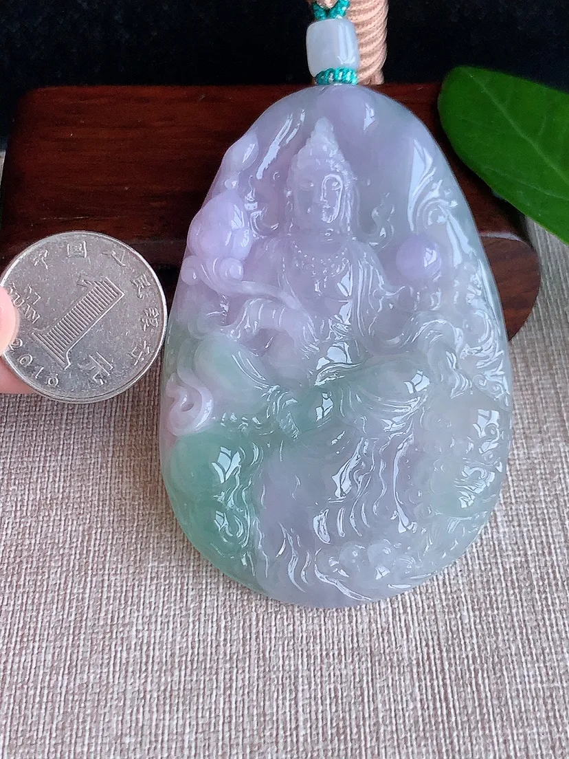 天然A货翡翠紫罗兰大件厚装文殊菩萨吊坠尺寸77.4×50.5×9m量71.70g 0625
