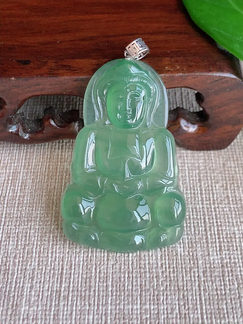天然A货翡翠18K金扣头晴水正装观音吊坠尺寸41×26.5×4m量7.68g 0625