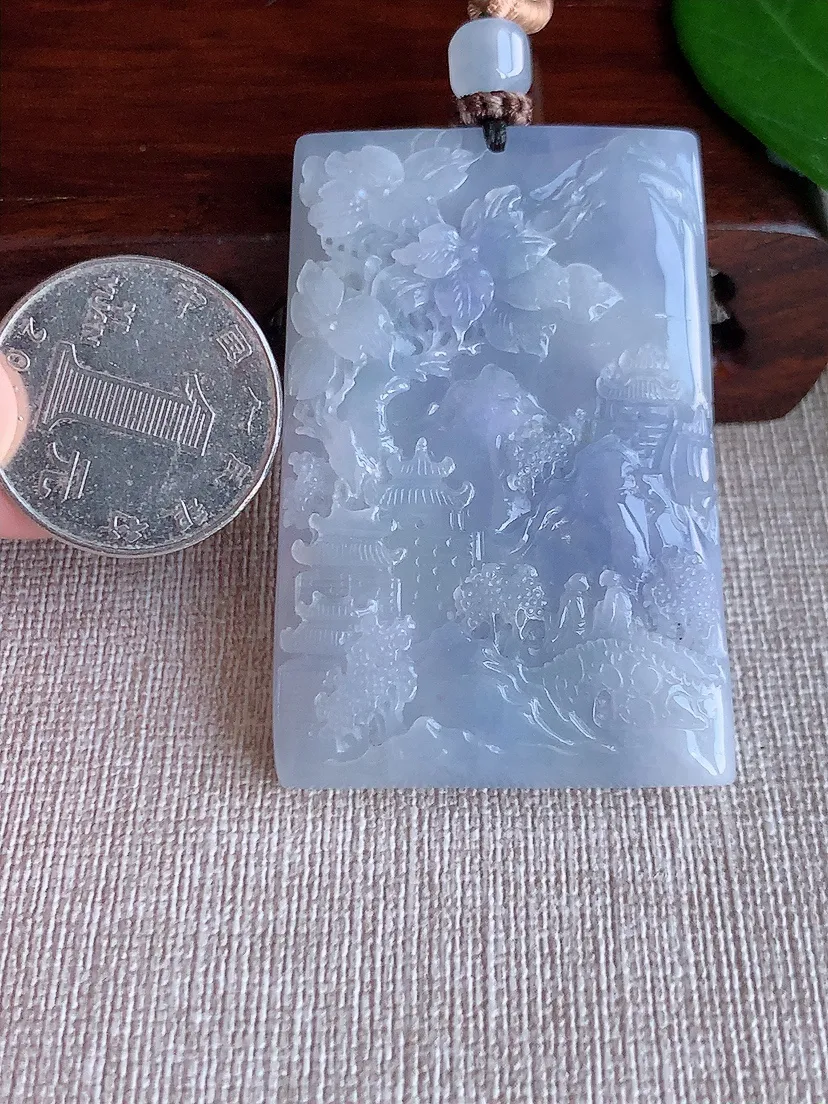 天然A货翡翠紫罗兰意境山水牌吊坠 尺寸55.3×37×9.6m量55.20g 0625