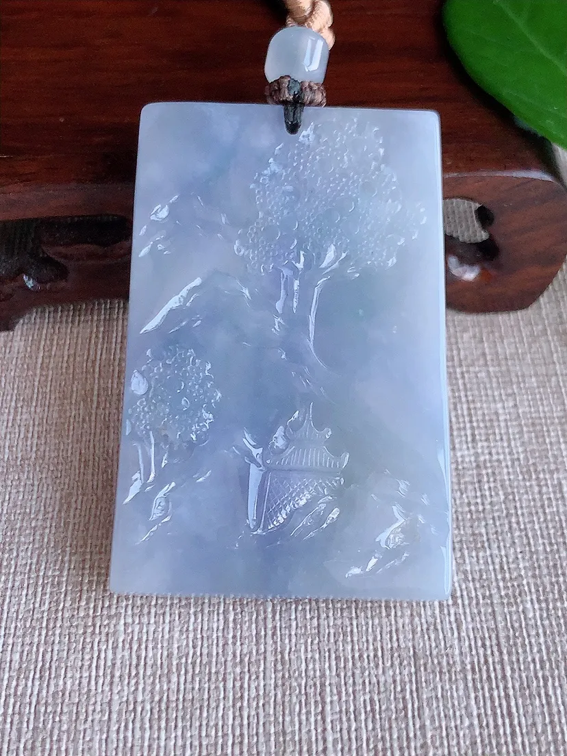 天然A货翡翠紫罗兰意境山水牌吊坠 尺寸55.3×37×9.6m量55.20g 0625