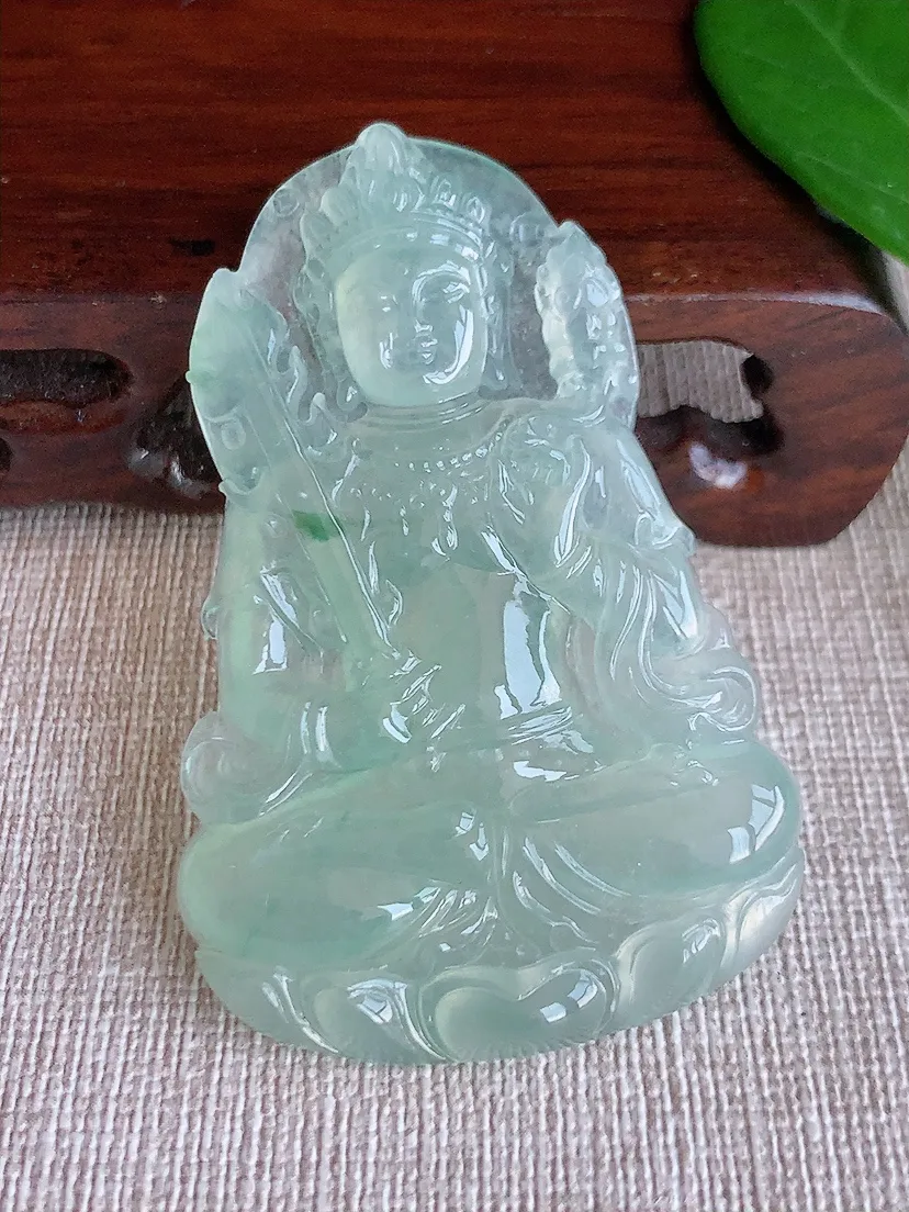 天然A货翡翠晴水飘花虚空藏菩萨吊坠尺寸59.5×38.7×5.8m量23.96g 0625
